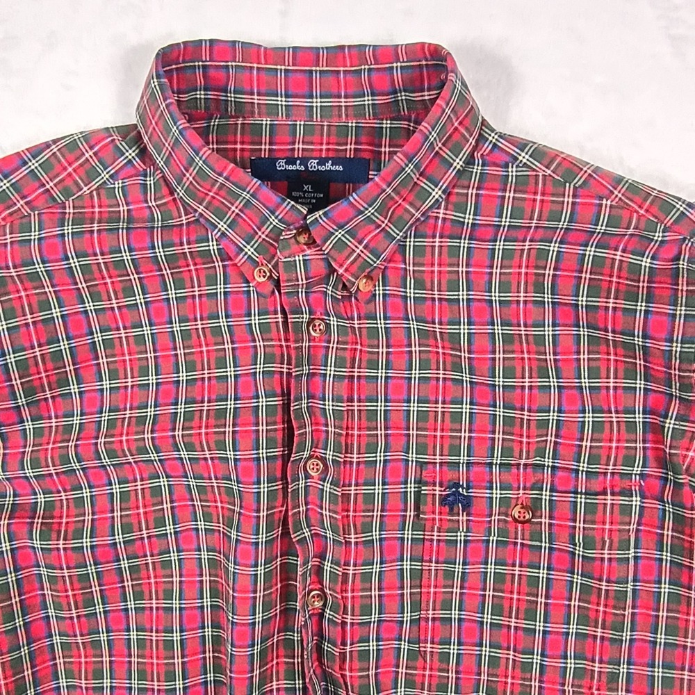 Brooks Brothers Men's XL Fleece Long Sleeve Shirt‎ Red Green Plaid 100% Cotton